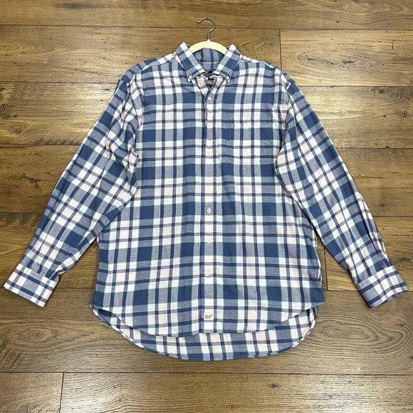 Vineyard Vines Shirt Mens Large Blue Pink Linen Blend Classic Fit Murray‎ Button - Picture 1 of 11